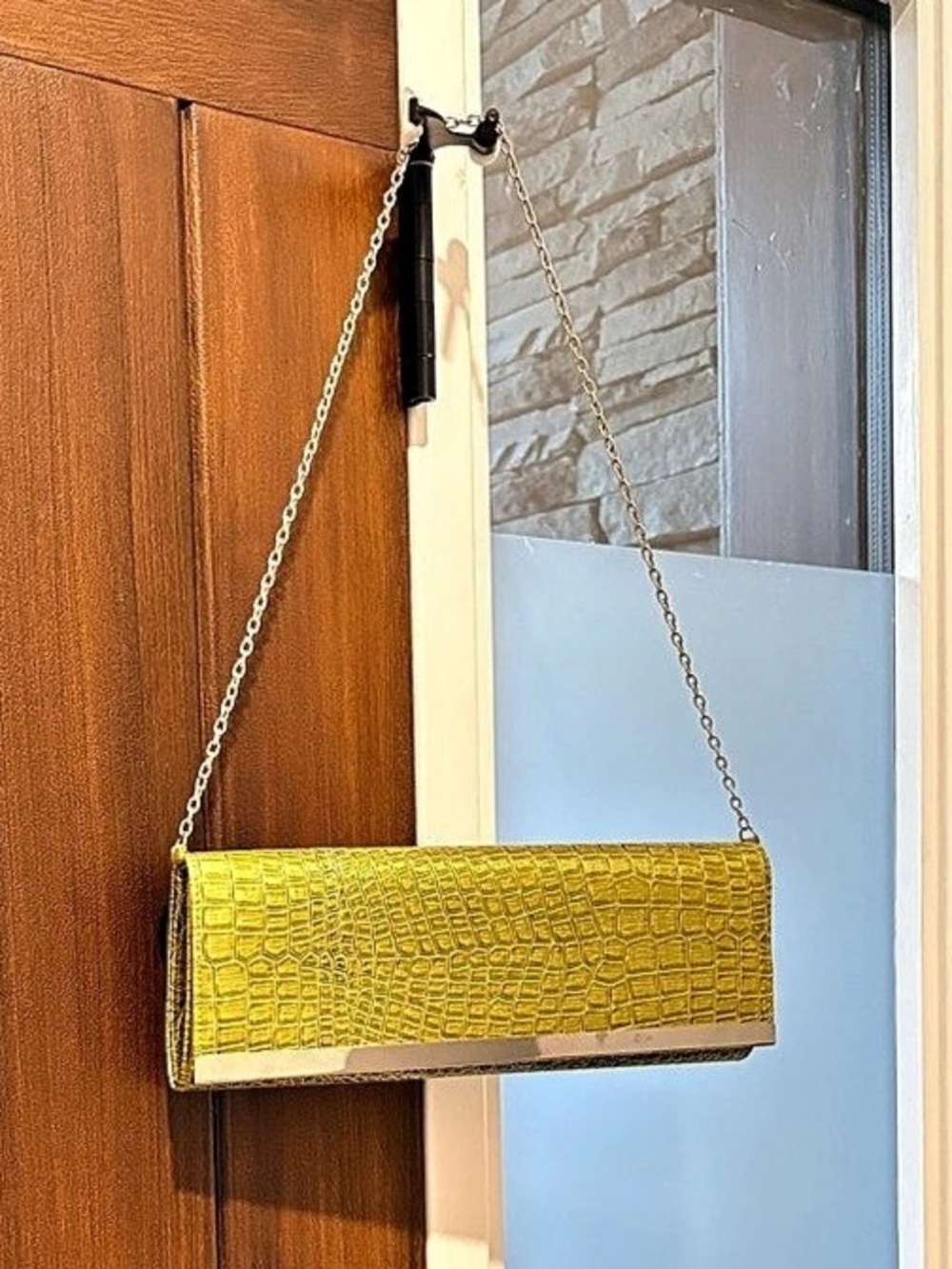 Le Chateau Lime Green Croc Embossed Chain Clutch